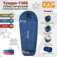 Спальный мешок туристический "Тундра - Т300". Размер L. Цвет: синий.